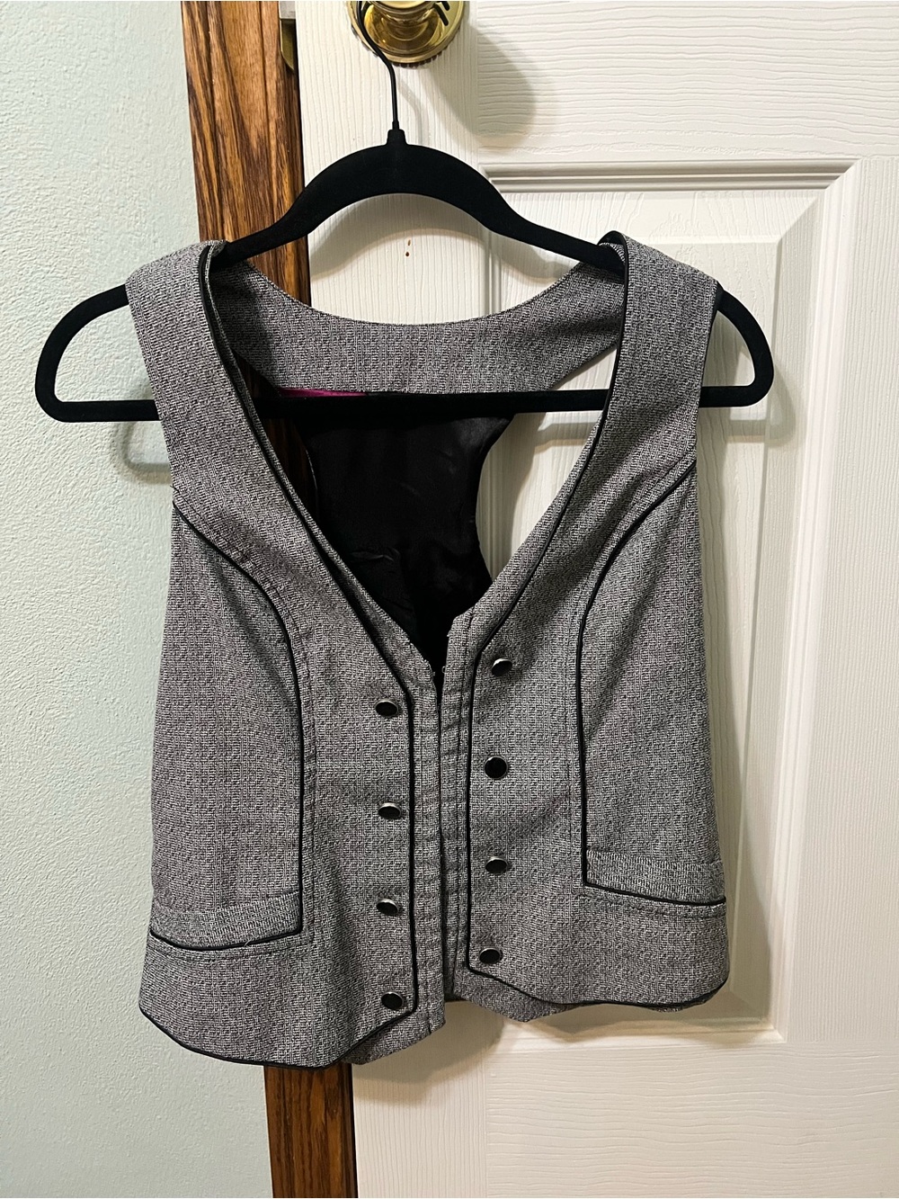 Vintage Maurices Gray Button Down Tweed Vest with Black Trim